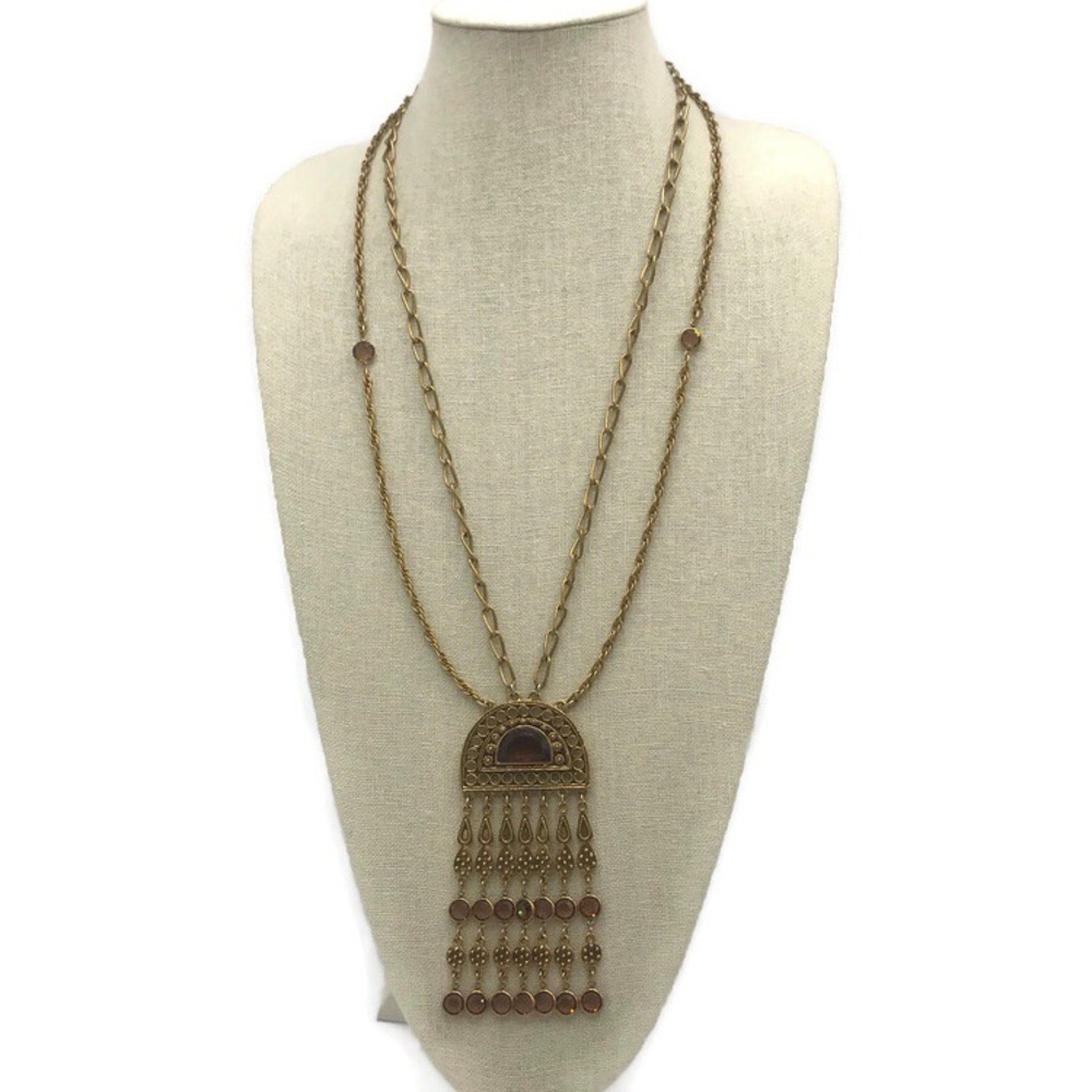 Goldette Unsigned Faux Topaz & Gold Tone Pendant 2 Strand Necklace Vintage